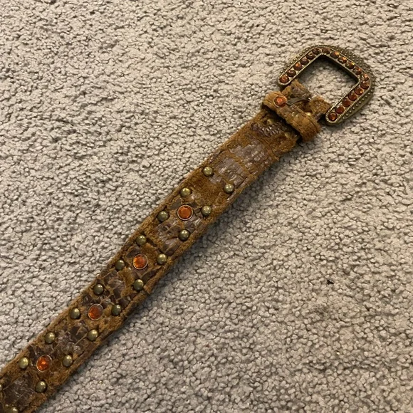 Vintage Brown Crystal Gem Croc Studded Dress Moto Biker Western Belt Y2K sz S/M - Picture 7 of 8